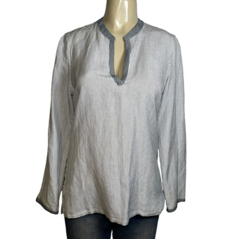 Adriano Goldschmied Blouse Womens L White Black Stripe V‎ Neck Long Sleeve Top